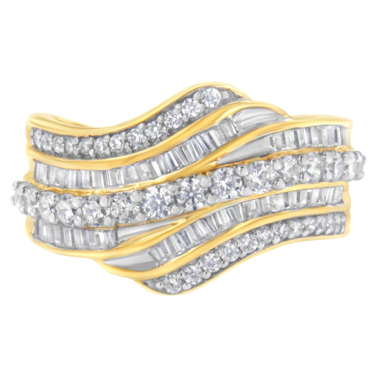 10K Yellow Gold Diamond Multi-Row Wave Bypass Ring - Size 7