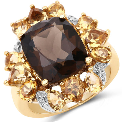 Bague cocktail en quartz fumé et citrine plaquée or jaune 14K
