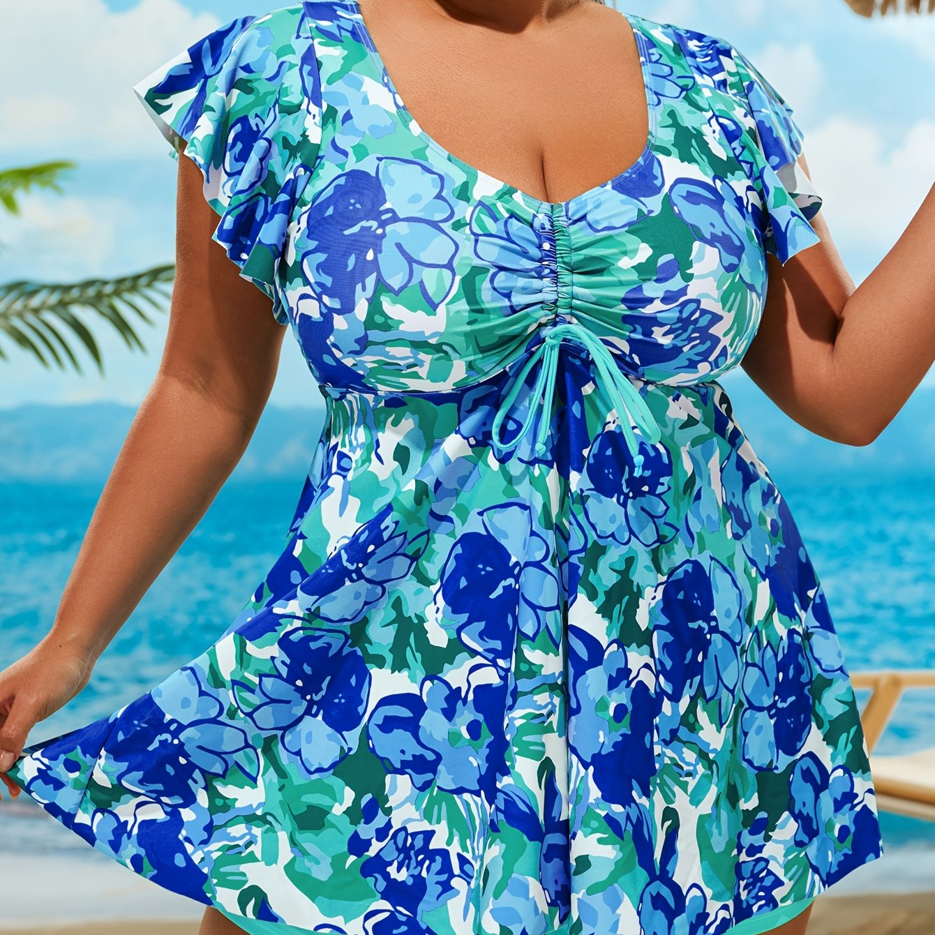 Floral Print Bandeau V Neck 2 Piece Swimsuit for Women