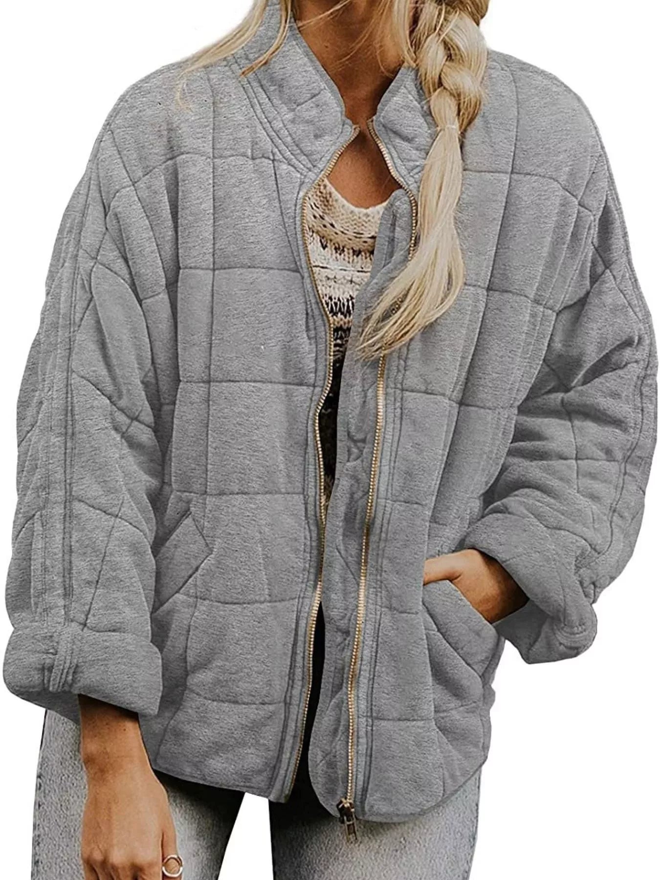 Plus Size Full Zip Quilted Bomber Jacket