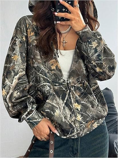 Chaqueta de Manga Larga Suelta de Camuflaje para Mujeres en Otoño