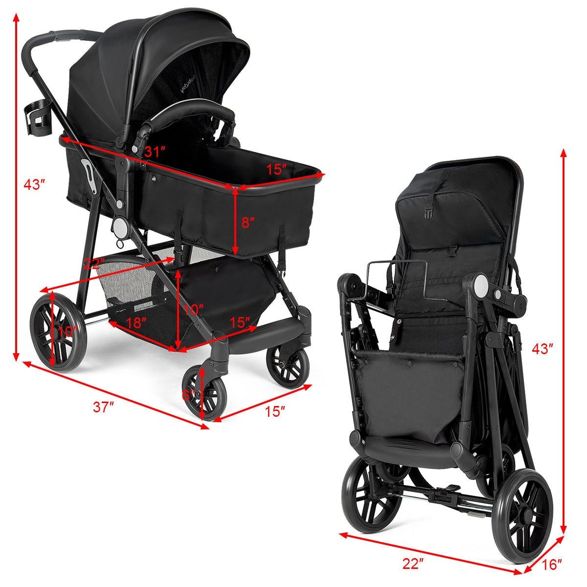 2-in-1 Foldable Pushchair for Newborns and Infants - Black