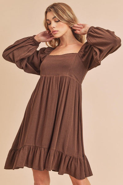 Elegant Ruffled Hem Square Neck Balloon Sleeve Mini Dress