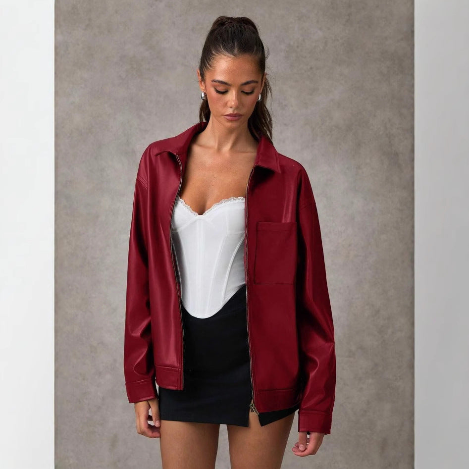 Chaqueta Bomber de Cuero Sofisticada con Cuello de Solapa