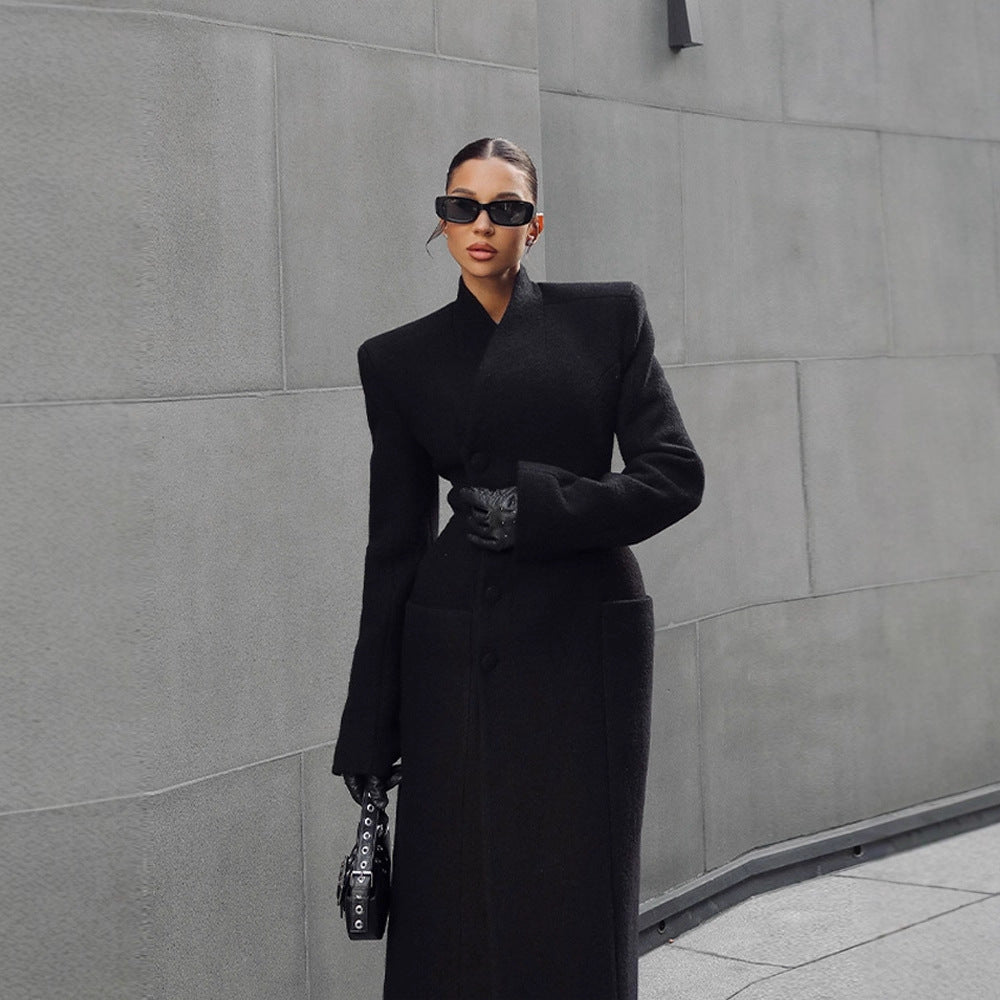 Temperament Shoulder-Padded Waist-Cinching Wool Coat for Women
