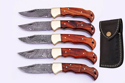 SET OF 5 ARTISAN DAMASCUS STEEL FOLDING KNIVES - Korvel