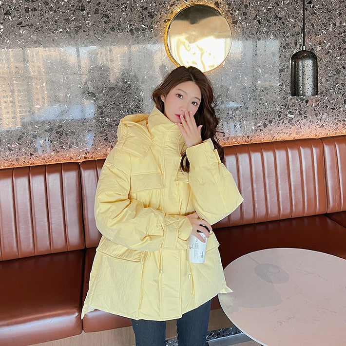 Mid-Length Hooded Puffer Jacket with Down Filling