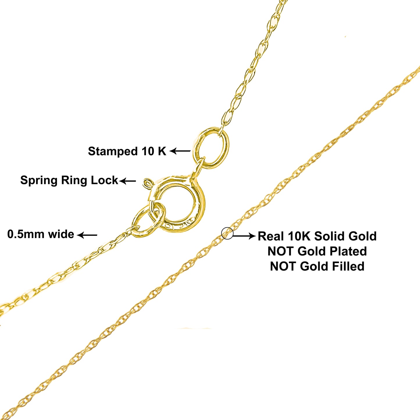 Solid 10K Yellow Gold 0.5mm Slim Rope Chain Necklace - 18"