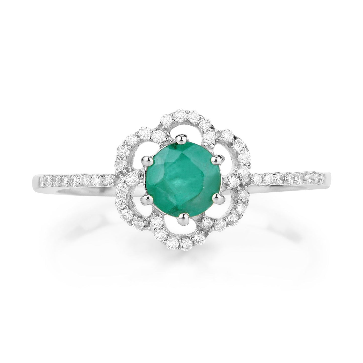Anillo de Compromiso de Esmeralda Zambiana y Diamante de 0.55 Quilates en Oro Blanco de 14K
