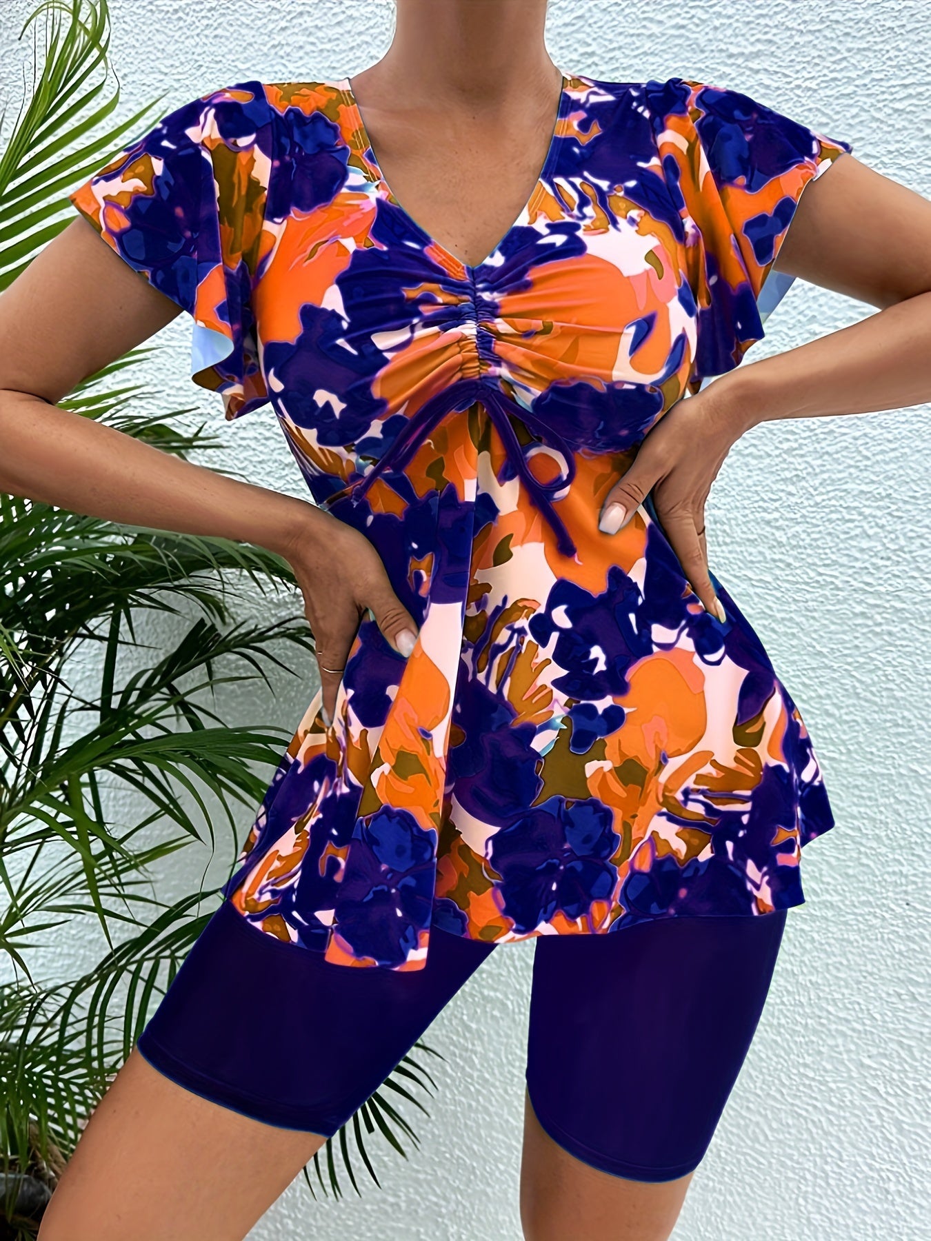 Floral Print Bandeau V Neck 2 Piece Swimsuit for Women