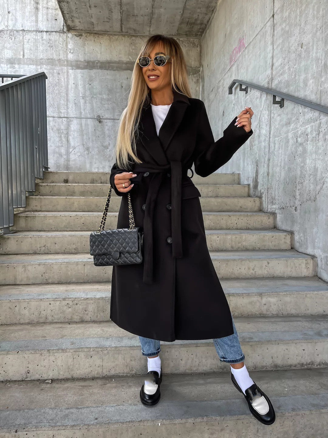 Double-Breasted Lapel Split Jacket with Belt for Women