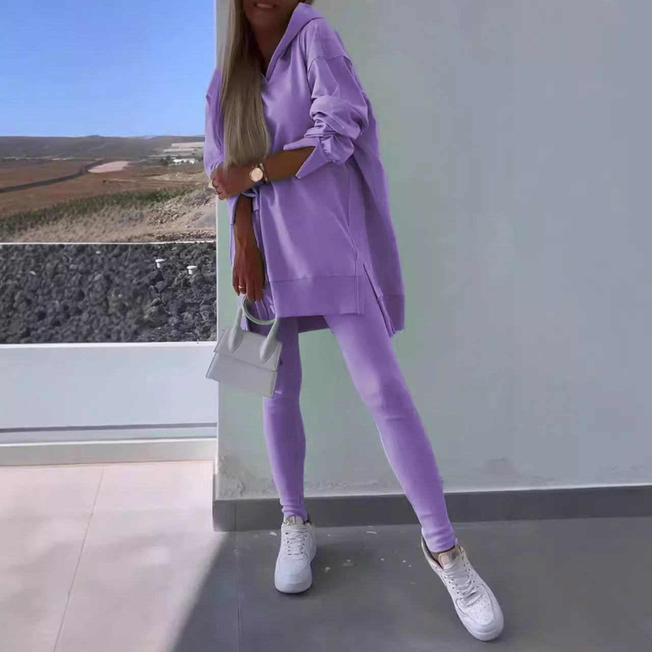 Women's Sports Casual Slit Hooded Sweatshirt Tights Set