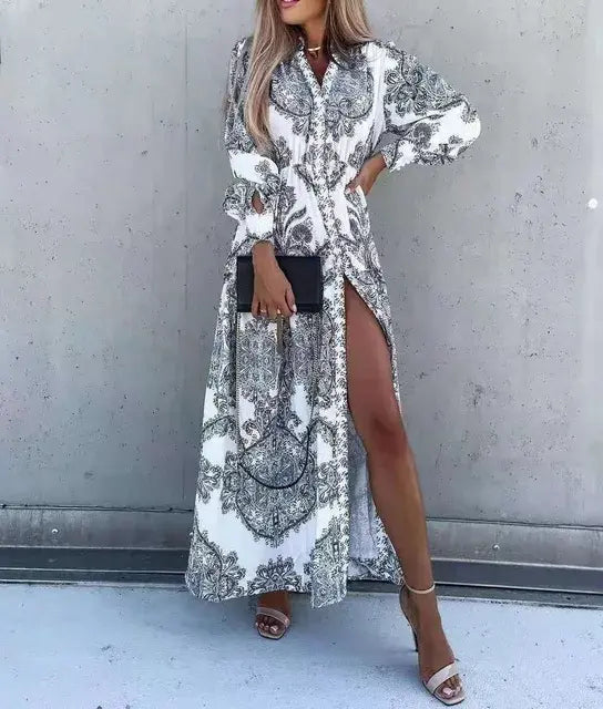 Robe Chemise Longue Élégante à Col V pour Bureau