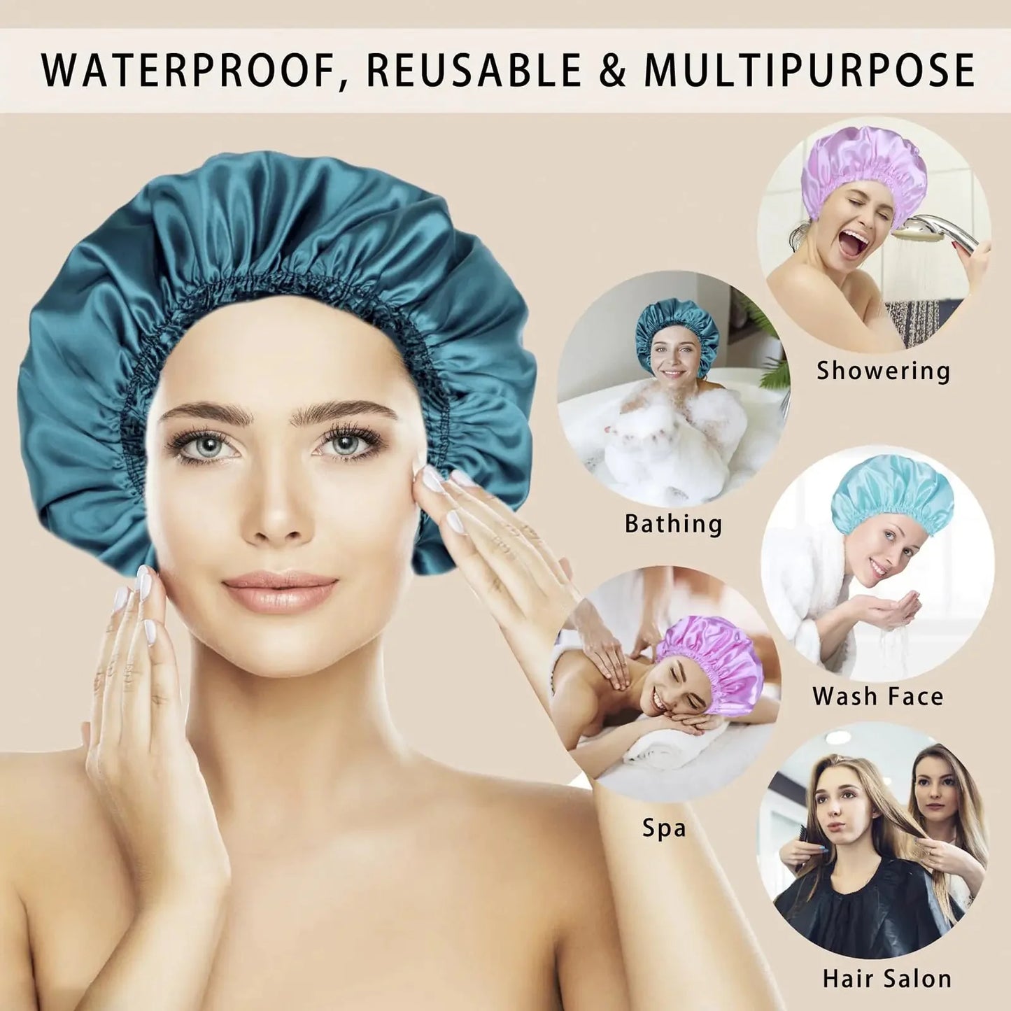 Premium Reusable Shower Caps for Women - 4 Pack