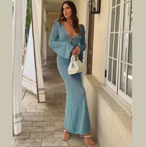 Robe de Plage Tricotée Élegante à Col V Transparent – Couverture à Manches Longues