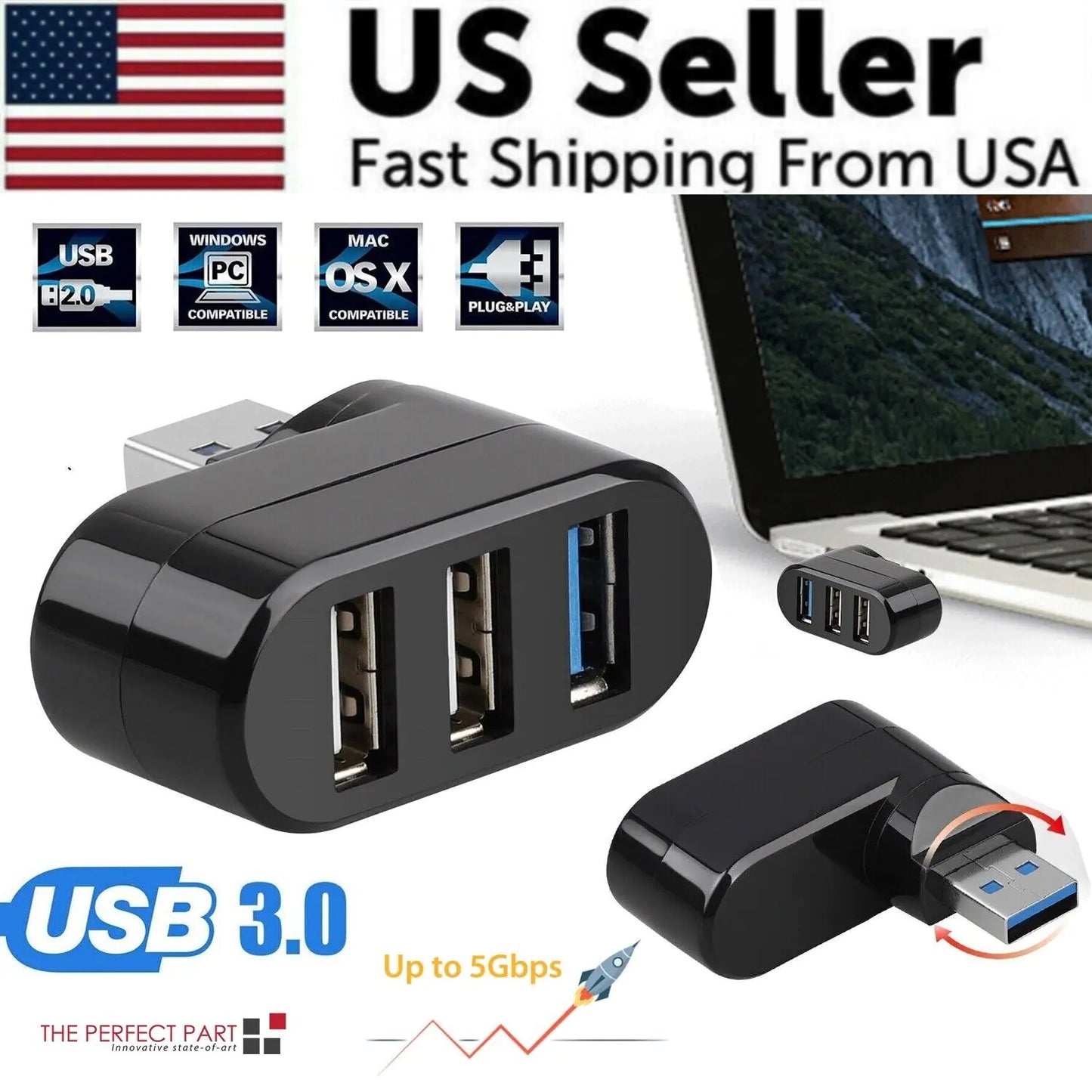 Répartiteur Multi HUB USB 3.0 à 3 Ports Haute Vitesse pour Bureau et Ordinateur Portable