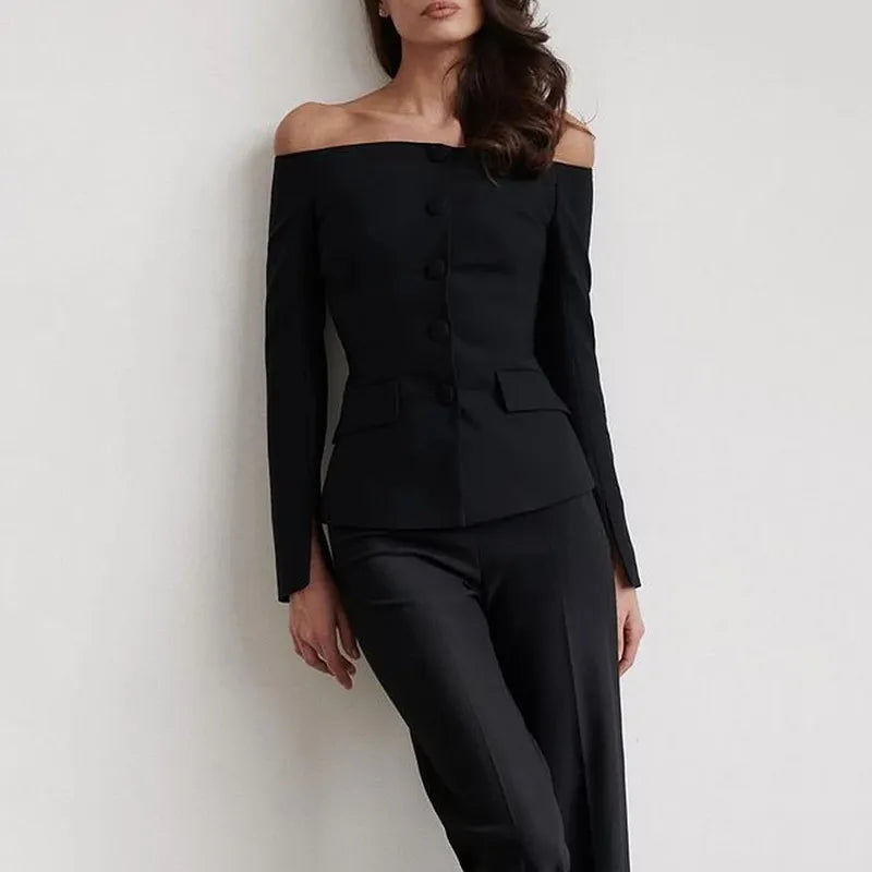 Ensemble Pantalon à Manches Longues en Couleur Unie pour Femmes