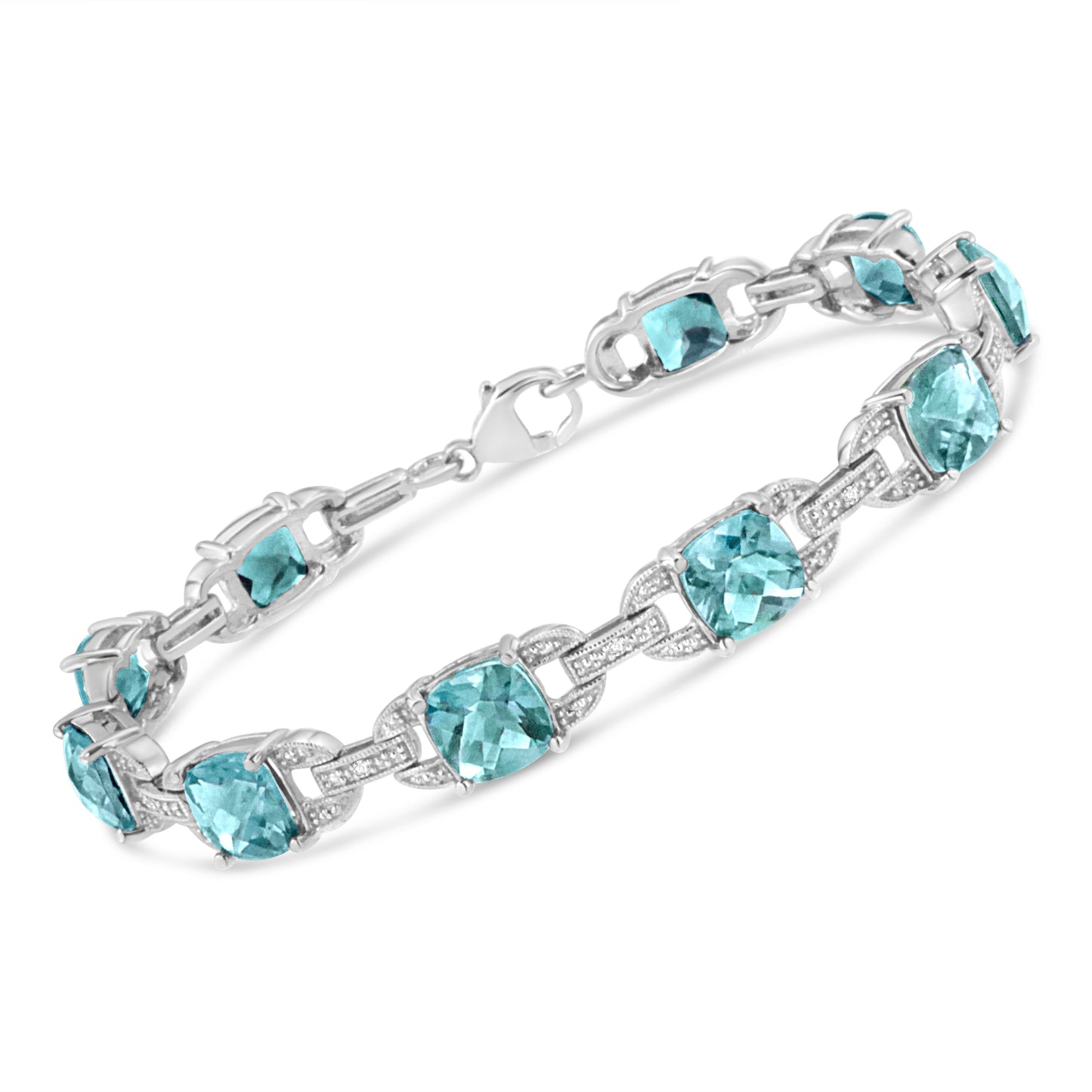 Bracelet de tennis en argent sterling .925 avec topaze bleue et diamants - 7"