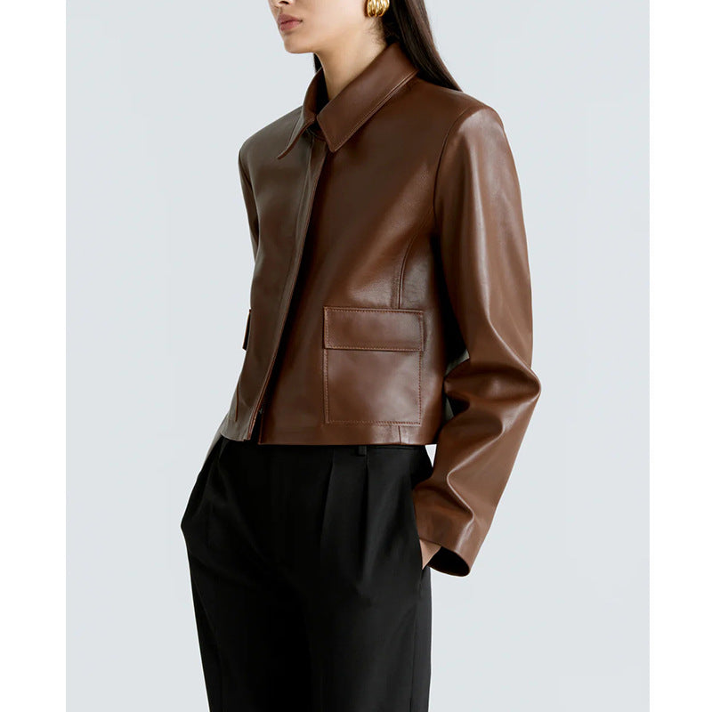 Womens Biker-Style Lapel Leather Jacket