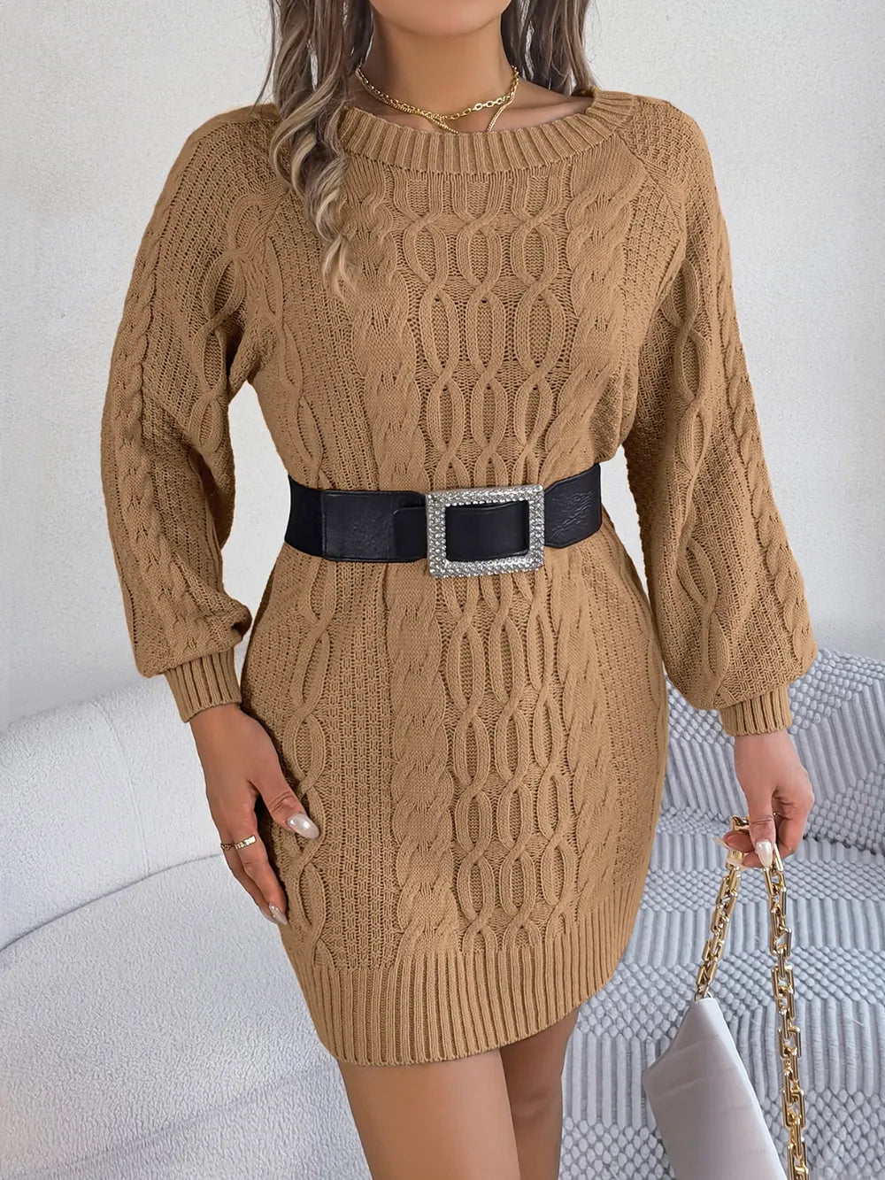 Cable-Knit Round Neck Sweater Dress - Korvel