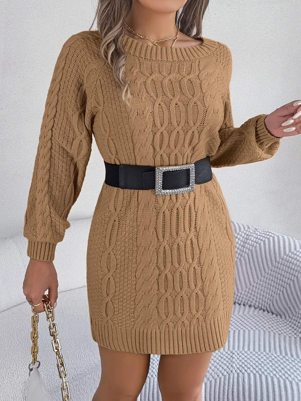 Cable-Knit Round Neck Sweater Dress - Korvel