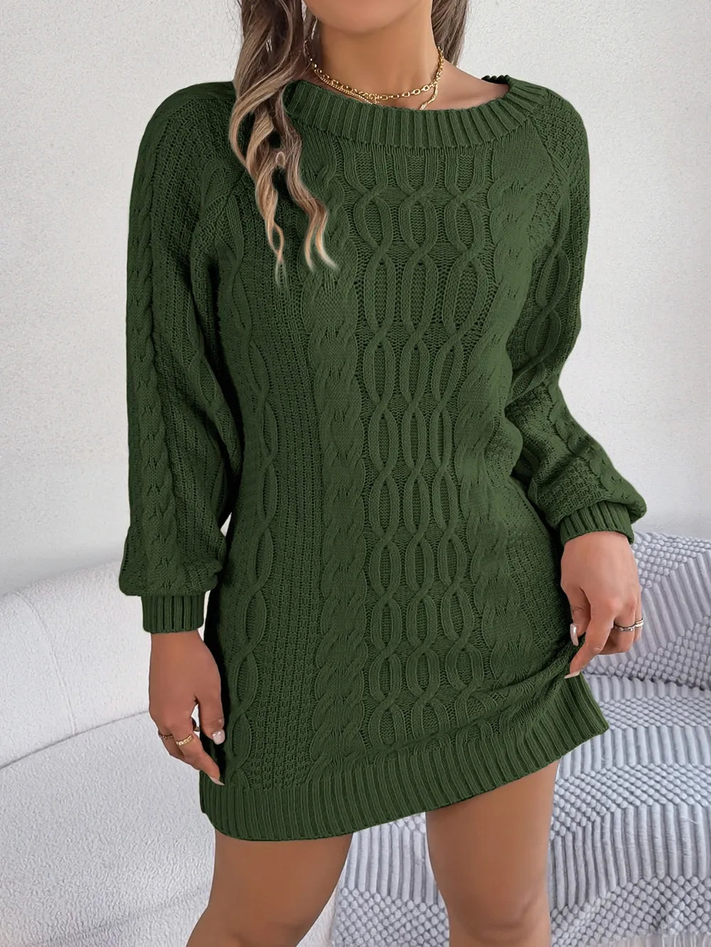 Cable-Knit Round Neck Sweater Dress - Korvel