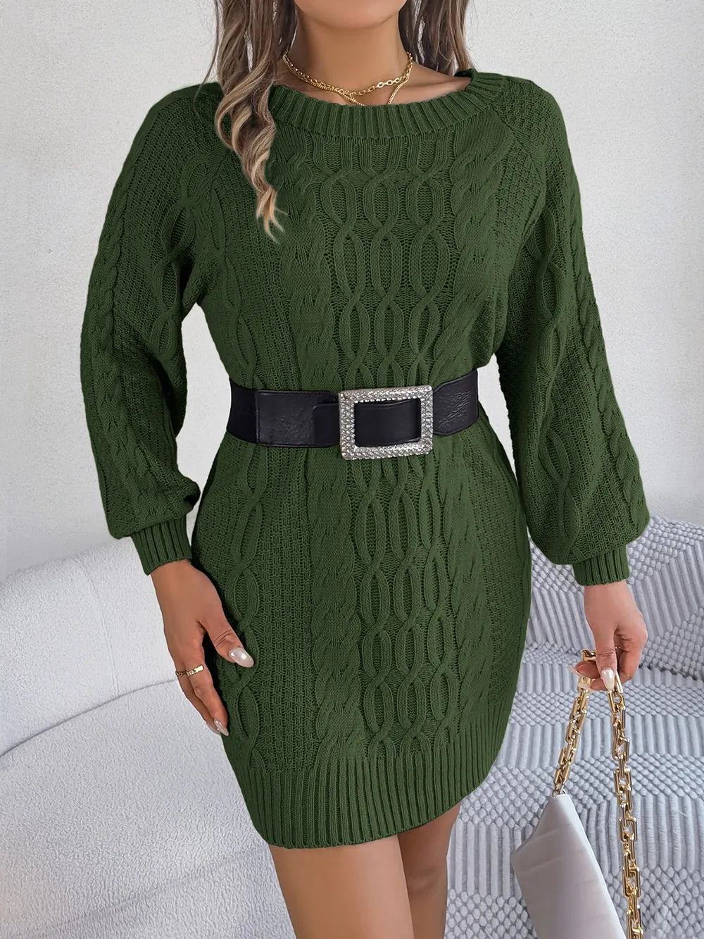Cable-Knit Round Neck Sweater Dress - Korvel