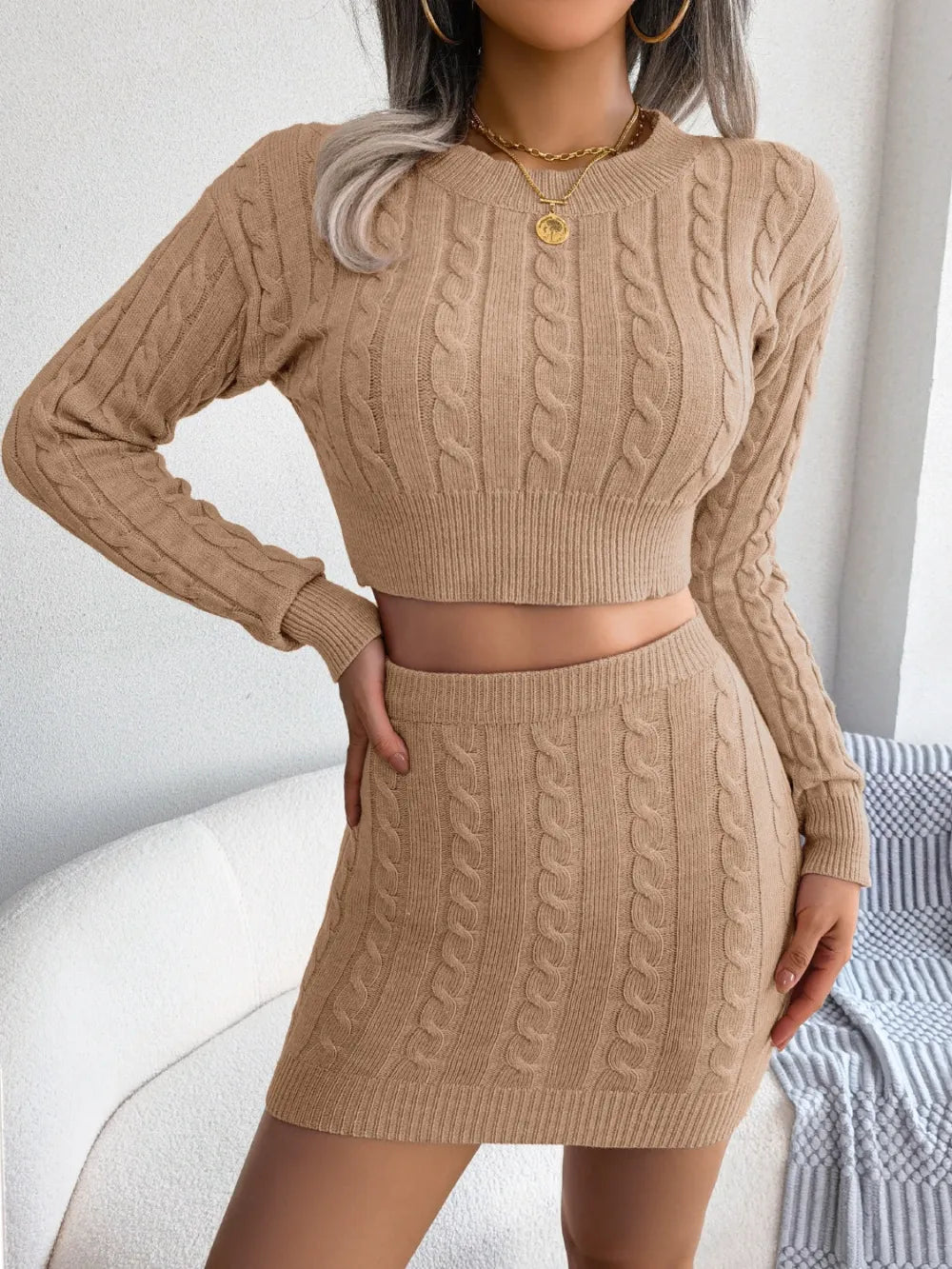 Cable-Knit Round Neck Top and Skirt Sweater Set - Korvel