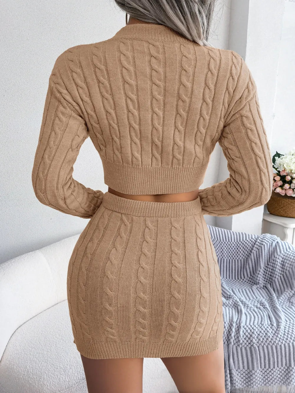 Cable-Knit Round Neck Top and Skirt Sweater Set - Korvel