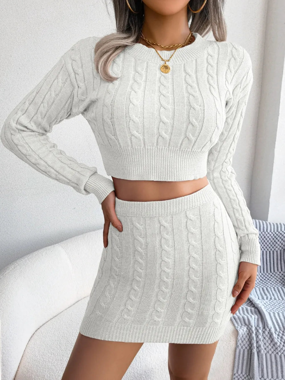 Cable-Knit Round Neck Top and Skirt Sweater Set - Korvel