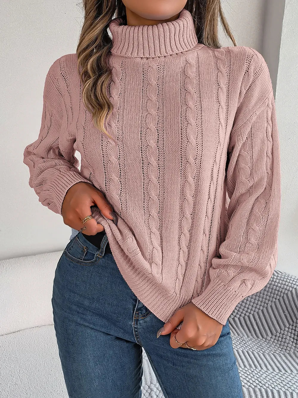 Cable-Knit Turtleneck Dropped Shoulder Sweater - Korvel