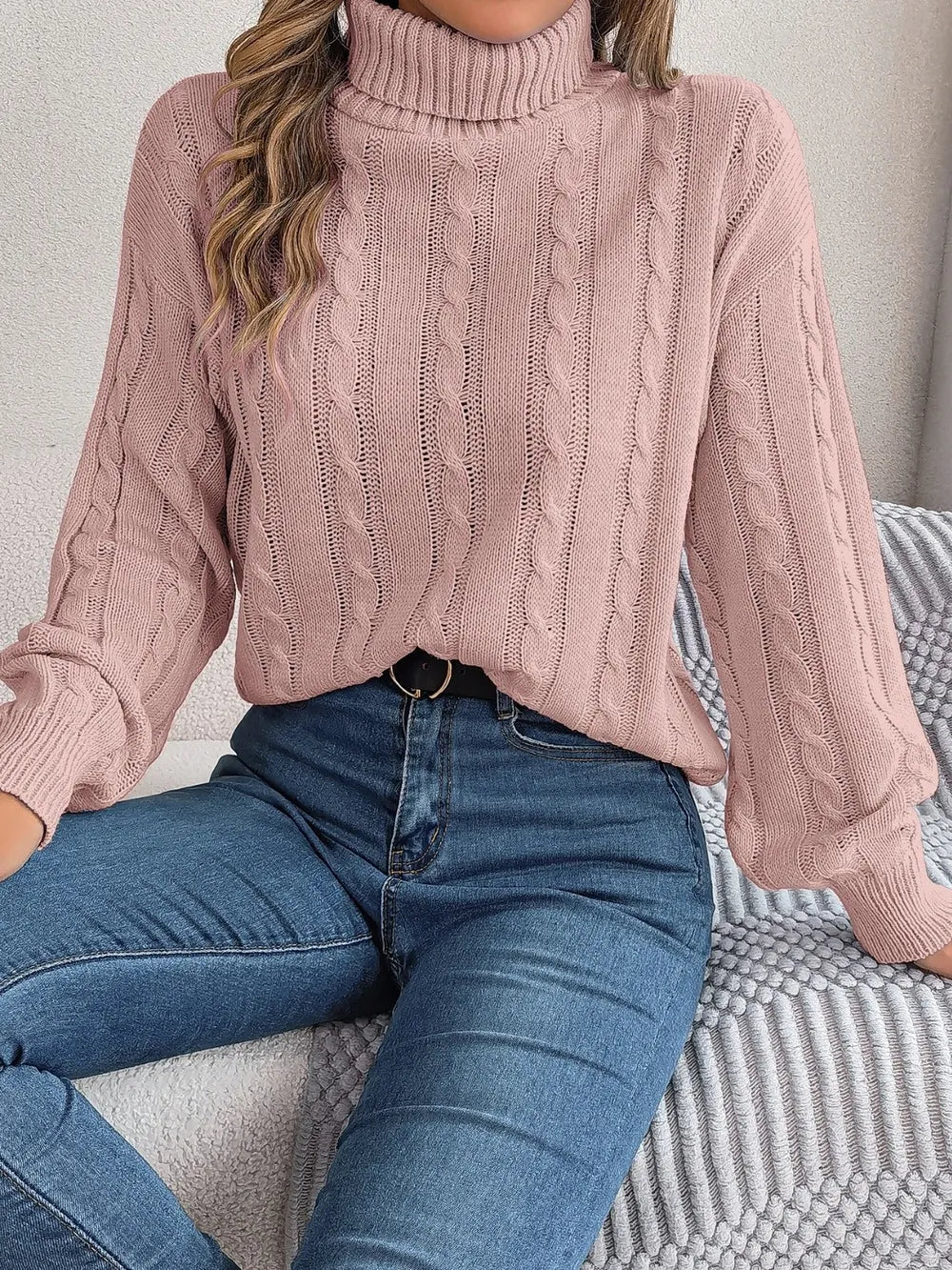 Cable-Knit Turtleneck Dropped Shoulder Sweater - Korvel