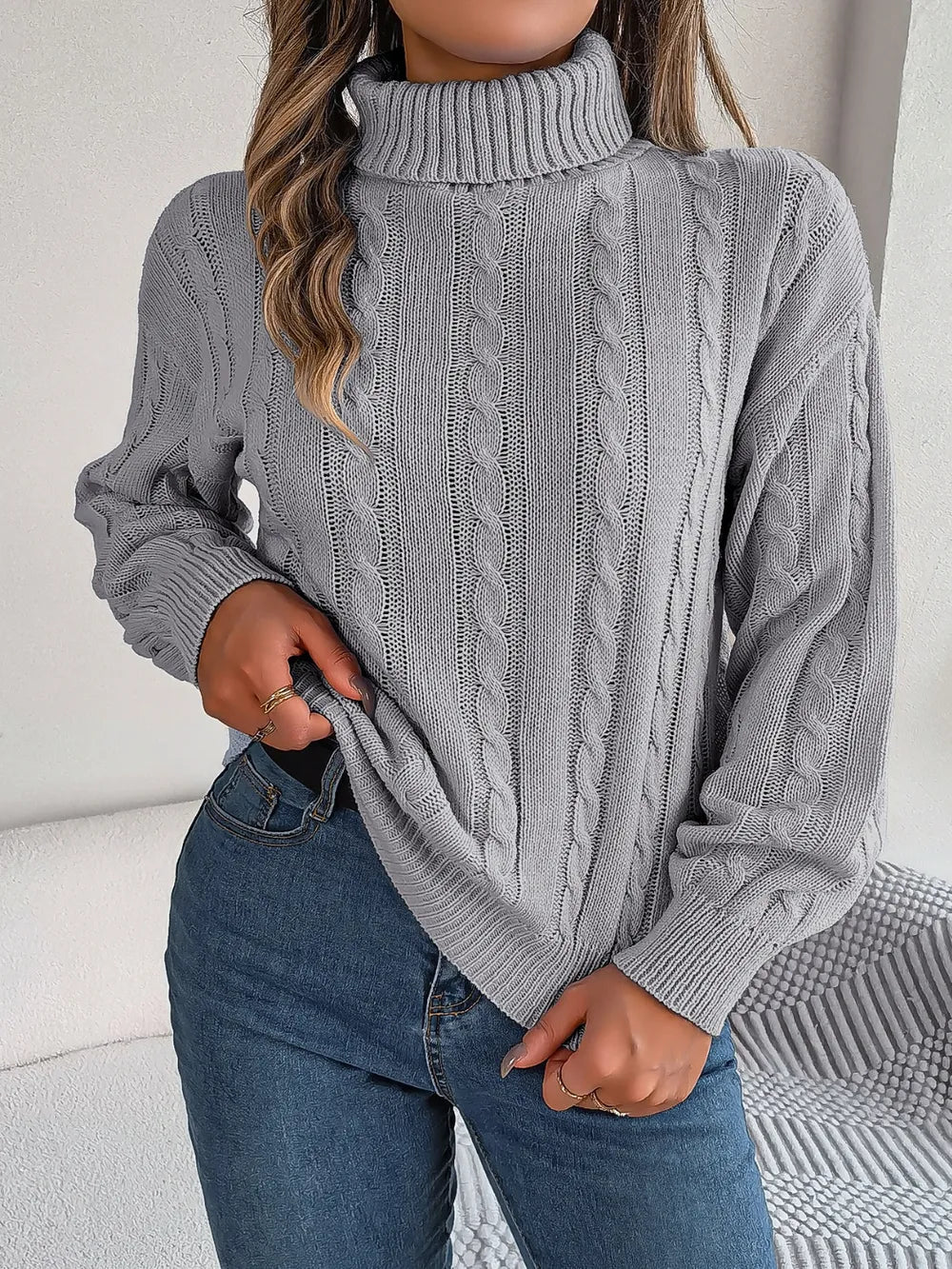 Cable-Knit Turtleneck Dropped Shoulder Sweater - Korvel