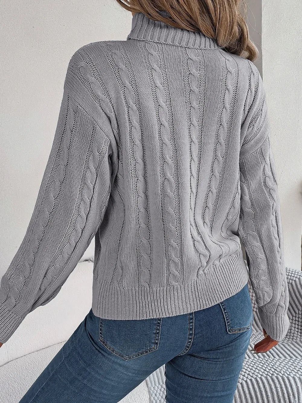 Cable-Knit Turtleneck Dropped Shoulder Sweater - Korvel