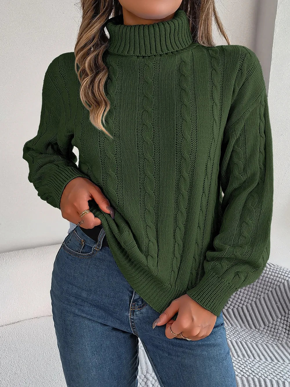 Cable-Knit Turtleneck Dropped Shoulder Sweater - Korvel