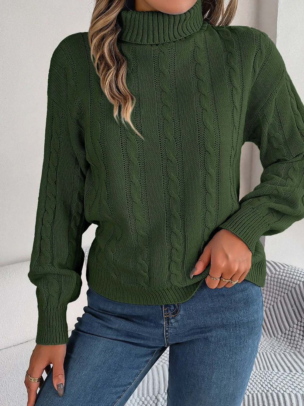 Cable-Knit Turtleneck Dropped Shoulder Sweater - Korvel