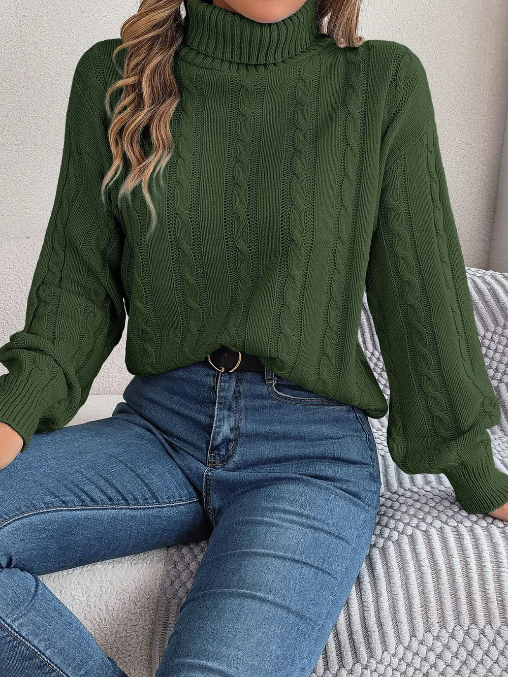 Cable-Knit Turtleneck Dropped Shoulder Sweater - Korvel