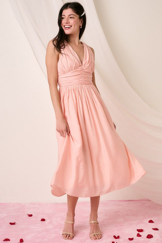 Robe midi sans manches à décolleté en V froncé élégante pour femmes