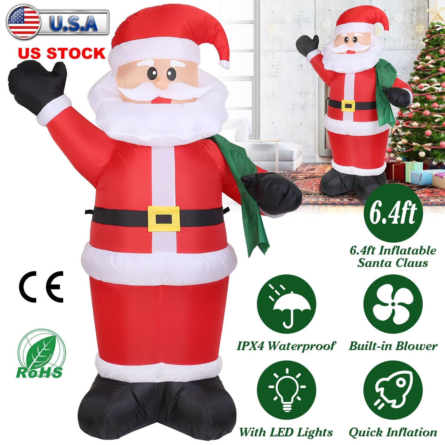 Santas géant gonflable de 1,95 m avec lumières LED