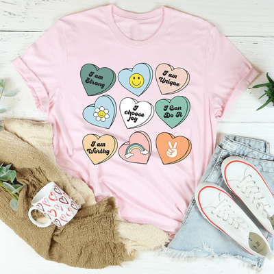 Camiseta con afirmaciones positivas de corazones de caramelo