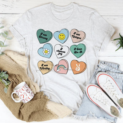 Camiseta con afirmaciones positivas de corazones de caramelo