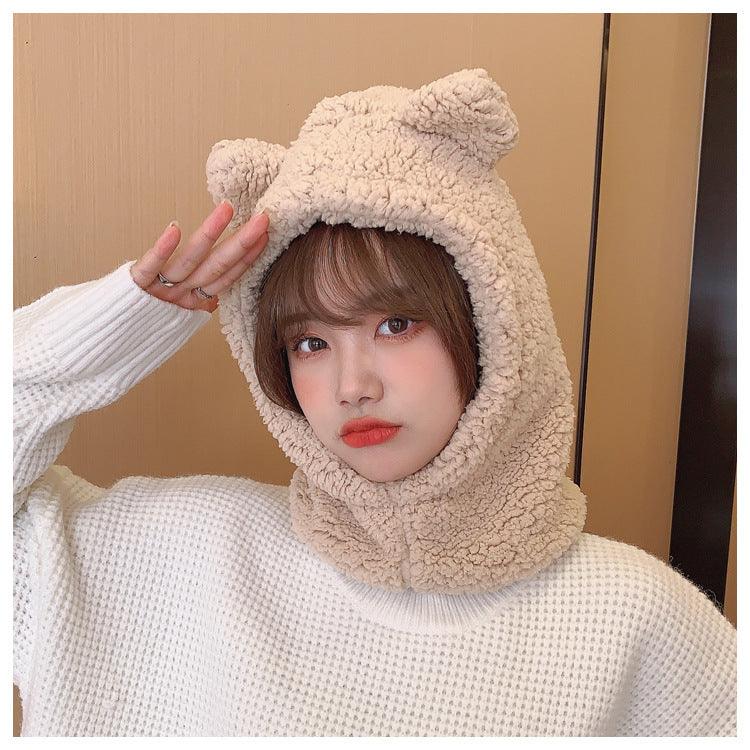 Cartoon Bear Ear Knitted Beanie Hat with Mask for Kids