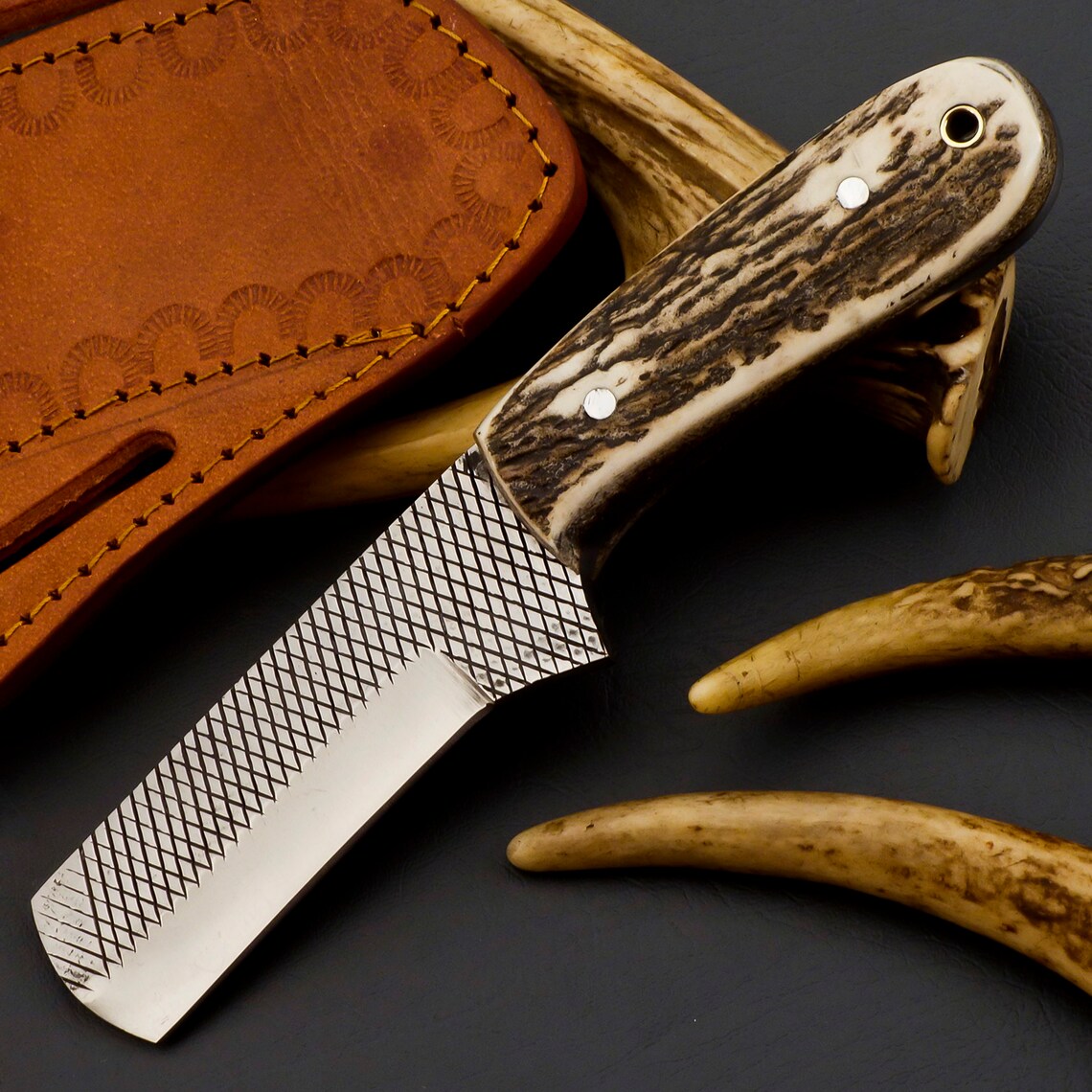 Handcrafted 4" Cowboy Rasp Knife – Rugged Bull Cutter with Antler Handle - Korvel