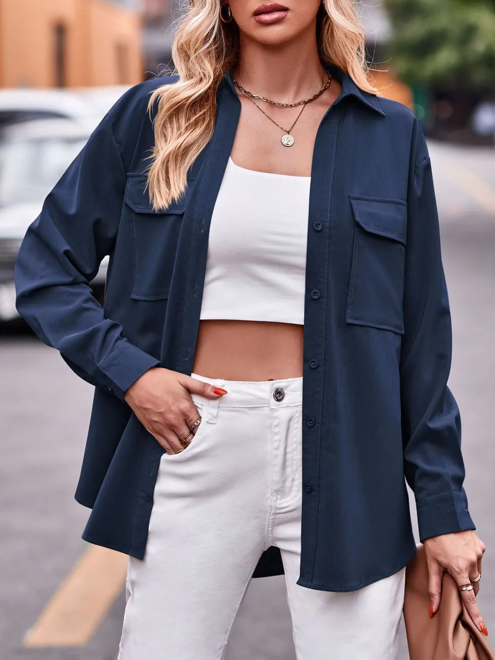 Camisa Casual de Manga Larga Sólida con Doble Bolsillo