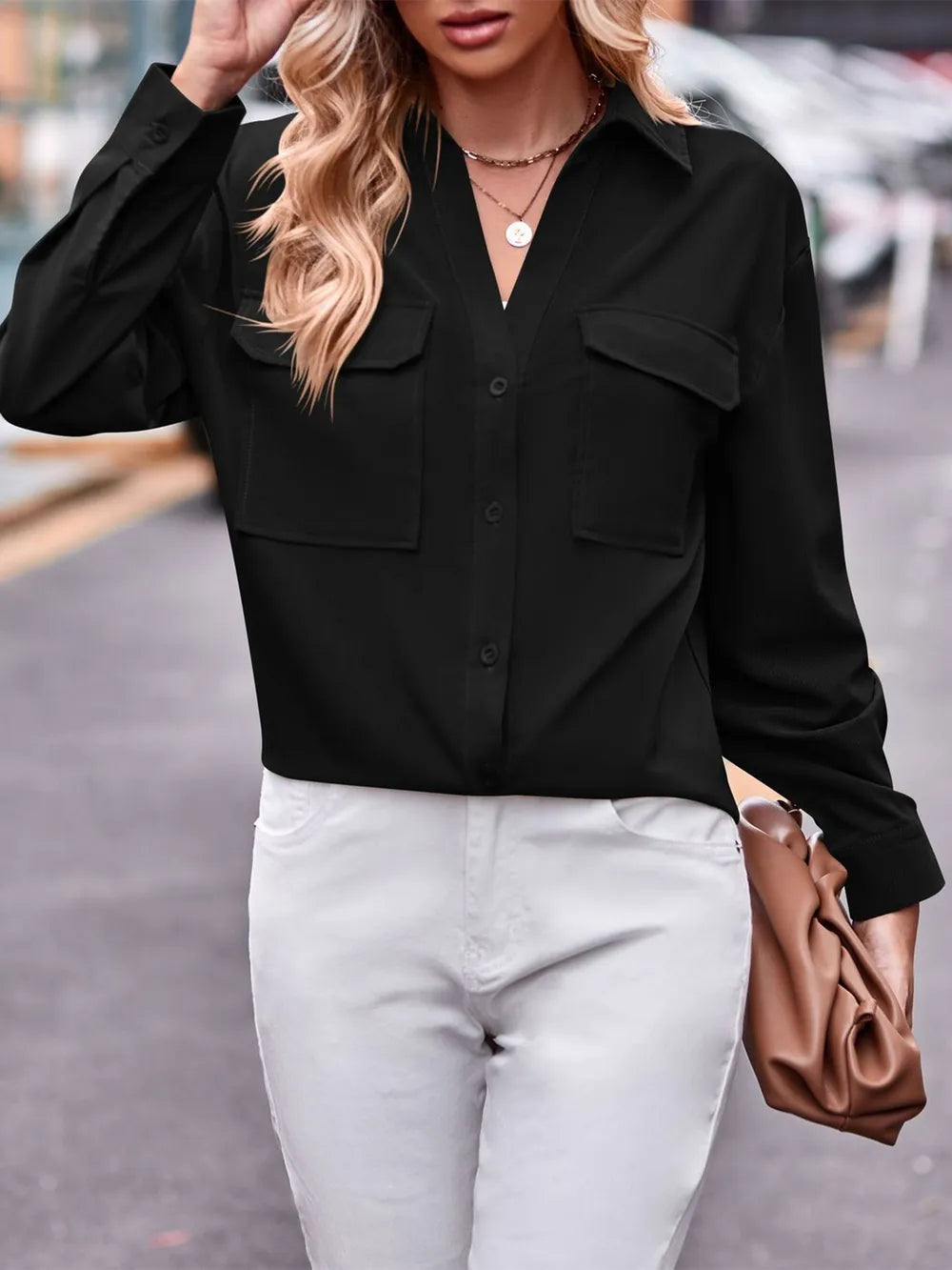 Camisa Casual de Manga Larga Sólida con Doble Bolsillo