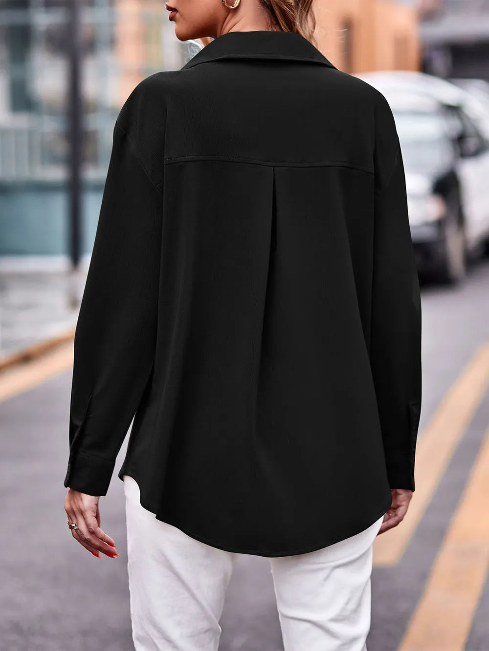 Camisa Casual de Manga Larga Sólida con Doble Bolsillo