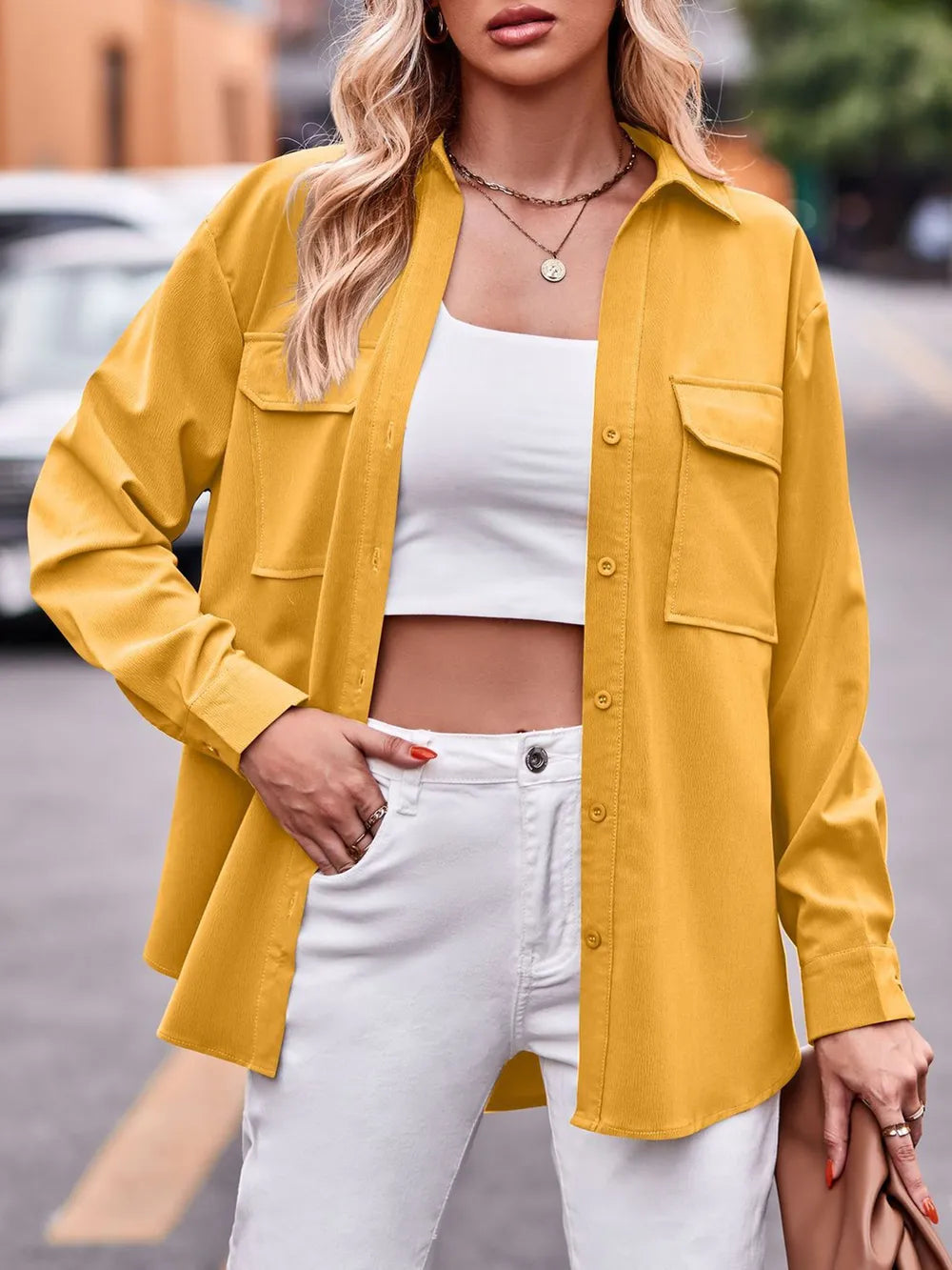 Camisa Casual de Manga Larga Sólida con Doble Bolsillo