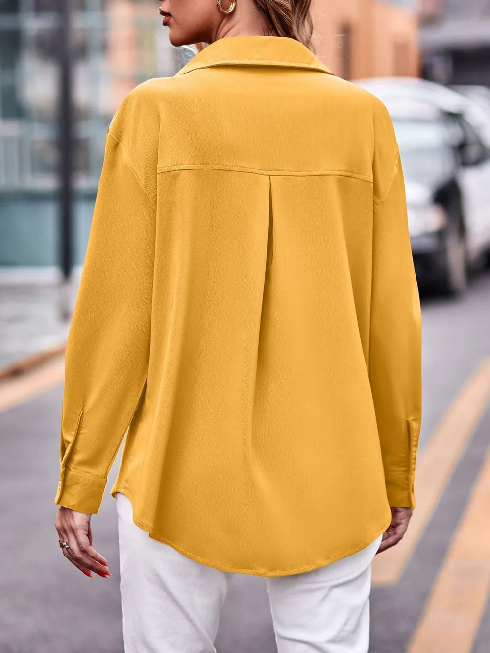 Camisa Casual de Manga Larga Sólida con Doble Bolsillo