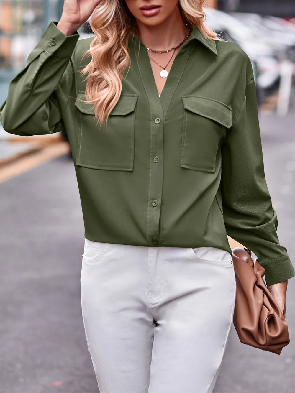 Camisa Casual de Manga Larga Sólida con Doble Bolsillo