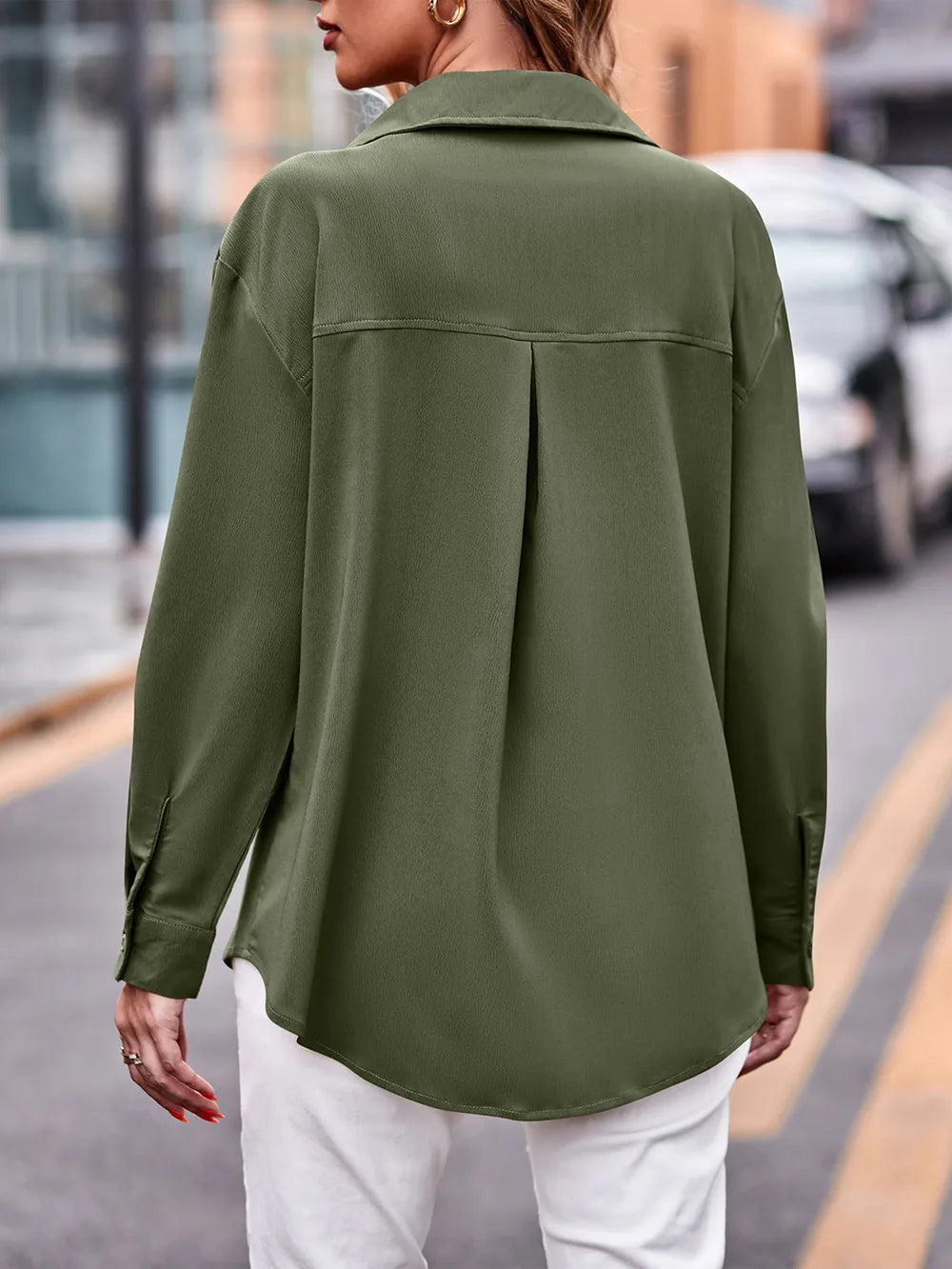 Camisa Casual de Manga Larga Sólida con Doble Bolsillo